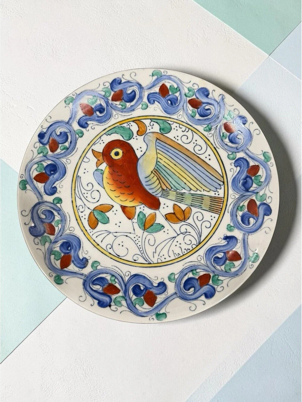 Vintage WBI Chinese Porcelain Plate Hand Painted Bird Majolica Style 10 Inch